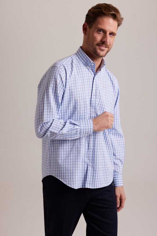 Erkek Mavi Kareli Regular Fit Yaka Düğmeli Gömlek