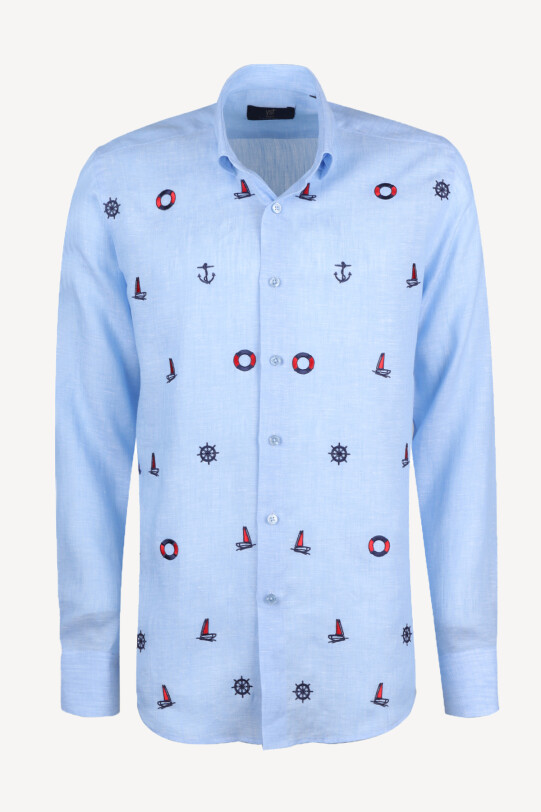 Erkek Mavi Keten Slim Fit Desenli Gömlek