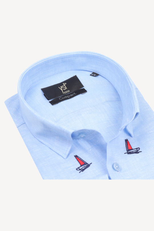 Erkek Mavi Keten Slim Fit Desenli Gömlek