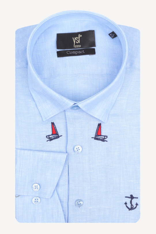 Erkek Mavi Keten Slim Fit Desenli Gömlek