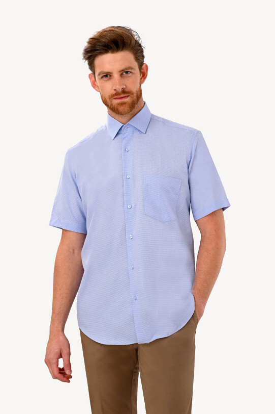 Erkek Mavi Kısa Kol Regular Fit Desenli Gömlek
