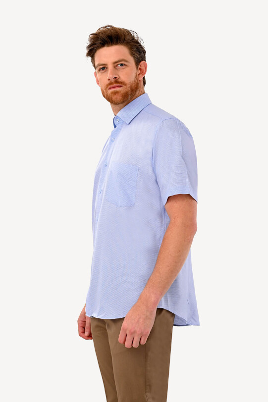 Erkek Mavi Kısa Kol Regular Fit Desenli Gömlek