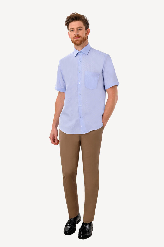 Erkek Mavi Kısa Kol Regular Fit Desenli Gömlek