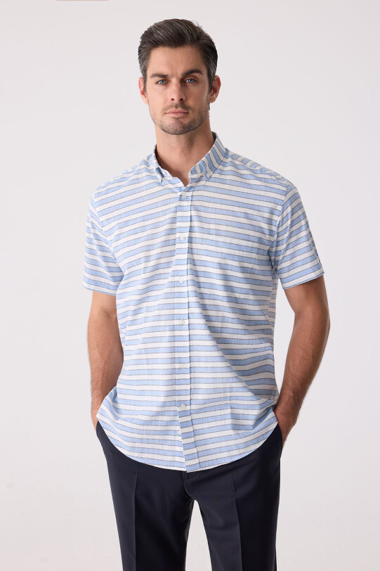 Erkek Mavi Klasik Çizgili Keten Gömlek