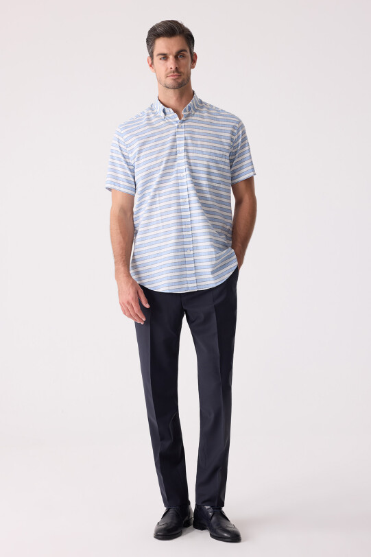 Erkek Mavi Klasik Çizgili Keten Gömlek