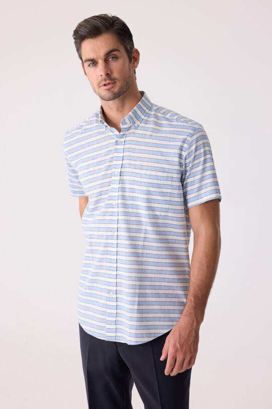 Erkek Mavi Klasik Çizgili Keten Gömlek