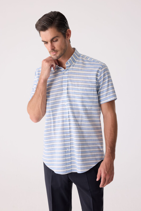 Erkek Mavi Klasik Çizgili Keten Gömlek