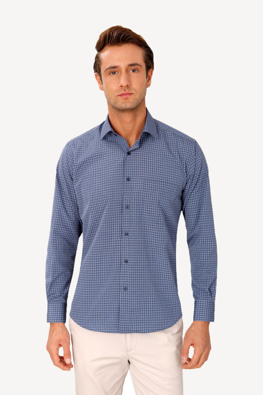 Erkek Mavi Klasik Ekose Uzun Kol Gömlek