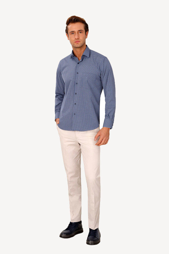 Erkek Mavi Klasik Ekose Uzun Kol Gömlek