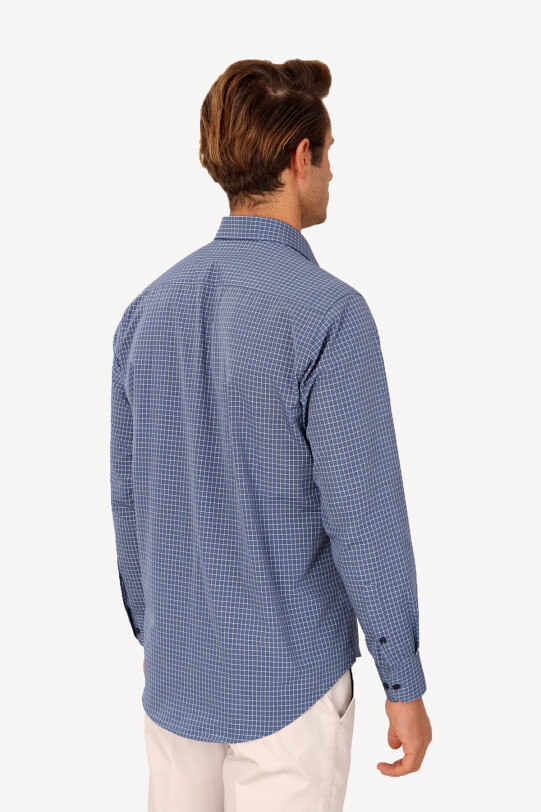 Erkek Mavi Klasik Ekose Uzun Kol Gömlek