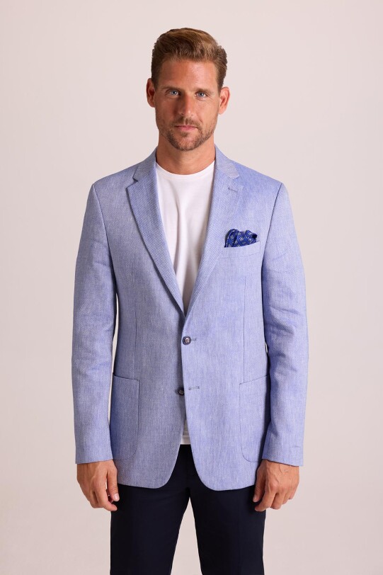 Erkek Mavi Klasik Keten Ceket