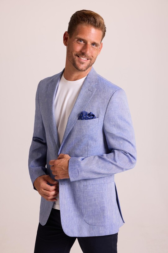 Erkek Mavi Klasik Keten Ceket