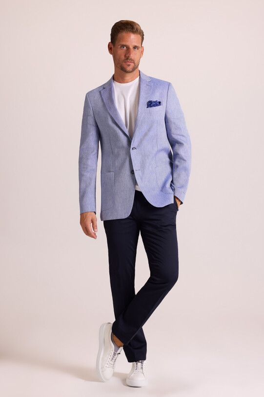 Erkek Mavi Klasik Keten Ceket