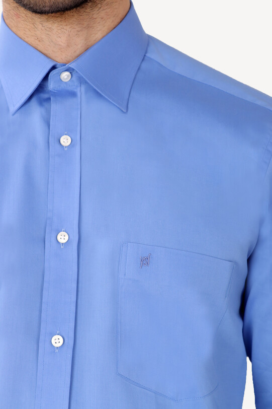 Erkek Mavi Klasik Saten %100 Pamuk Gömlek
