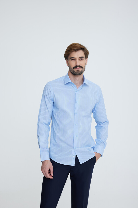 Erkek Mavi Klasik Yaka Slim Fit Uzun Kol Gömlek