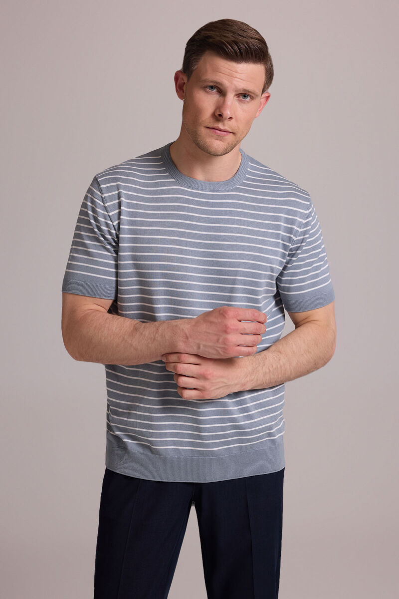 Erkek Mavi Regular Fit Bisiklet Yaka Çizgili Tişört - 3