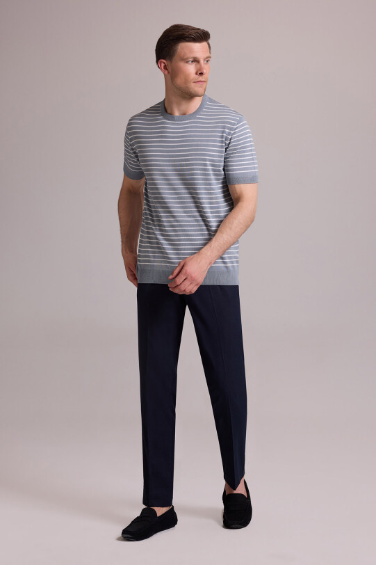 Erkek Mavi Regular Fit Bisiklet Yaka Çizgili Tişört