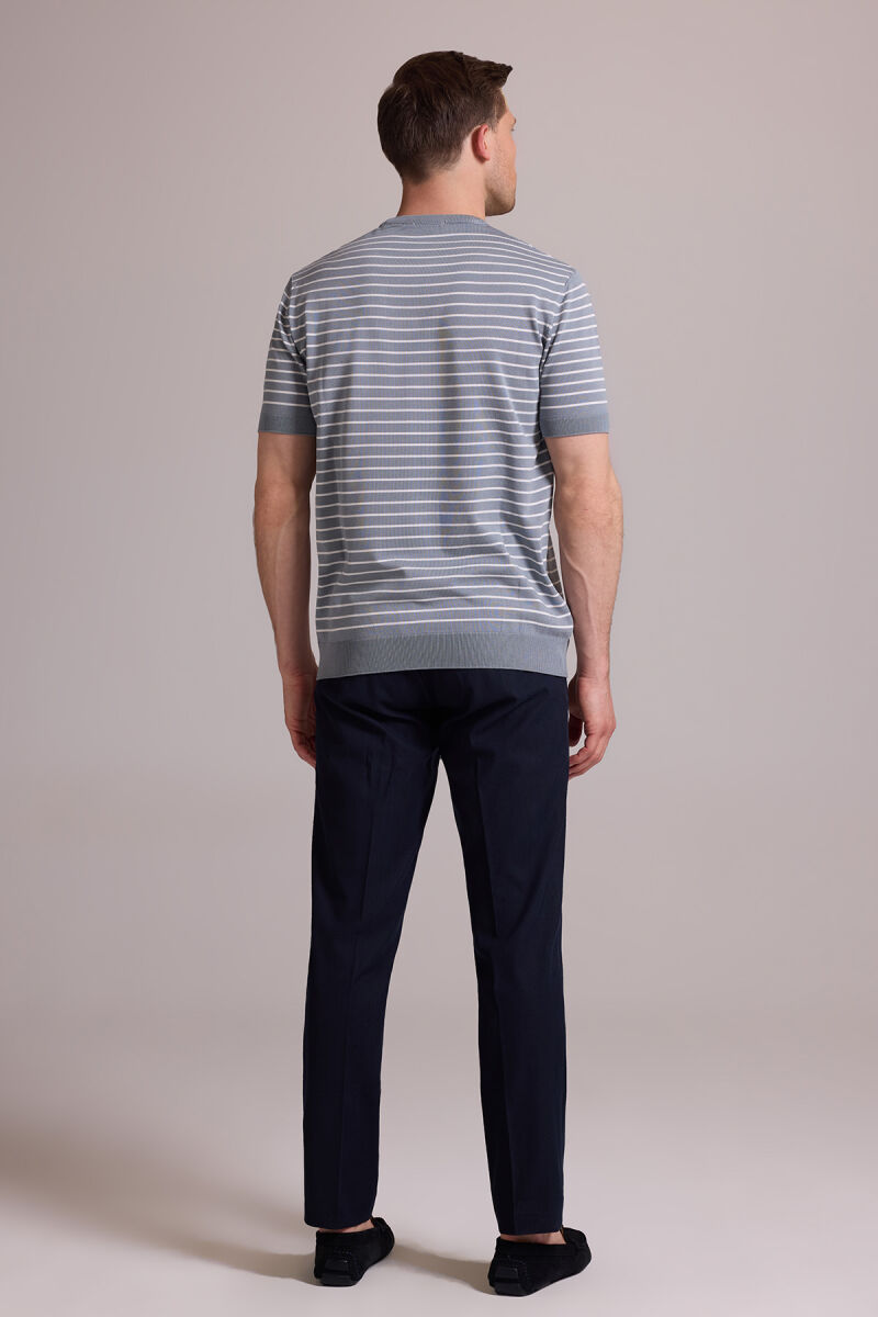 Erkek Mavi Regular Fit Bisiklet Yaka Çizgili Tişört - 8