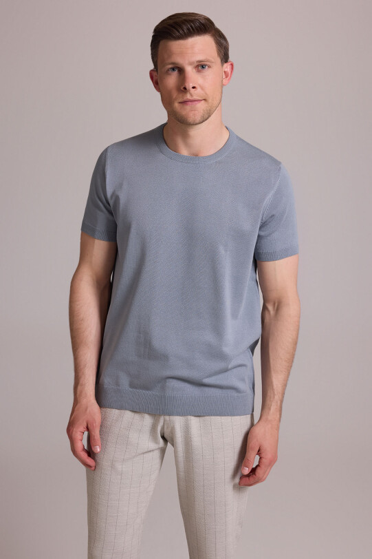 Erkek Mavi Regular Fit Bisiklet Yaka Triko Tişört