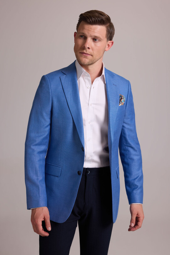 Erkek Mavi Regular Fit Çift Yırtmaç Keten Spor Ceket