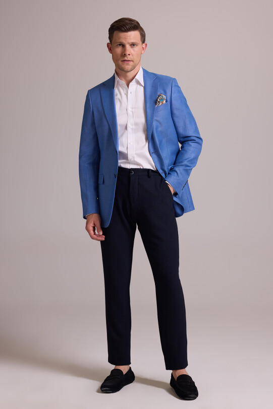 Erkek Mavi Regular Fit Çift Yırtmaç Keten Spor Ceket