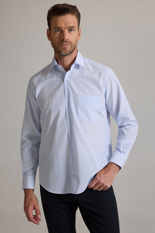 Erkek Mavi Regular Fit Çizgili Pamuklu Gömlek