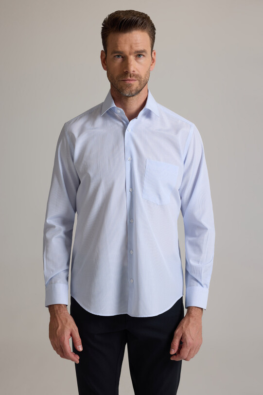 Erkek Mavi Regular Fit Çizgili Pamuklu Gömlek