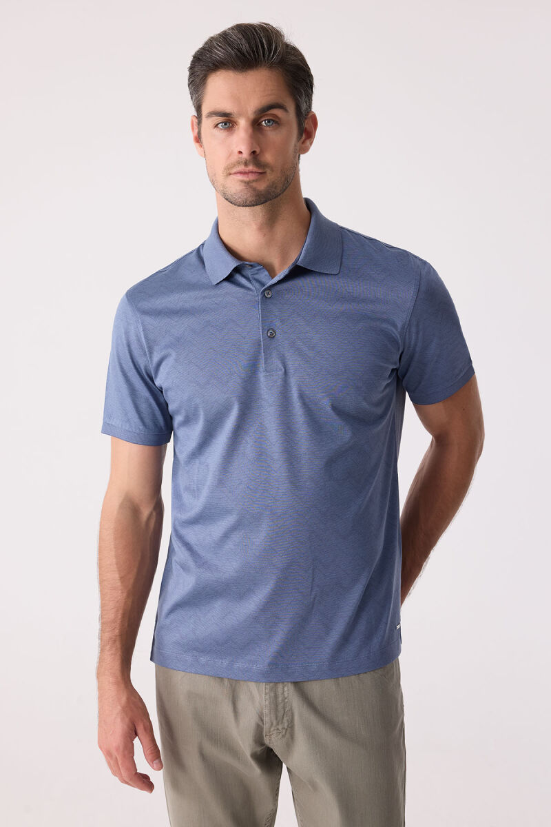 Erkek Mavi Regular Fit Desenli Merserize Polo Yaka Tişört - 1