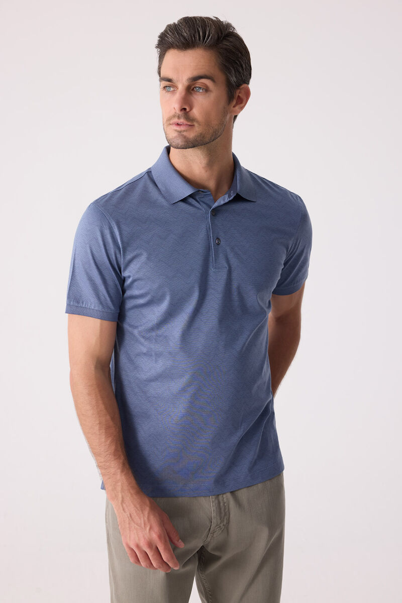 Erkek Mavi Regular Fit Desenli Merserize Polo Yaka Tişört - 3