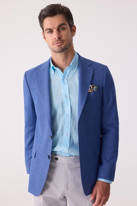 Erkek Mavi Regular Fit Keten Karışımlı Mono Yaka Ceket