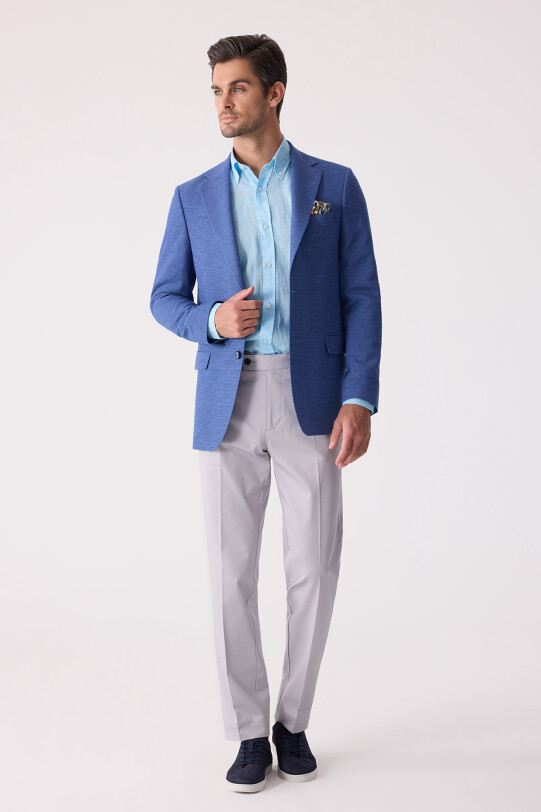 Erkek Mavi Regular Fit Keten Karışımlı Mono Yaka Ceket