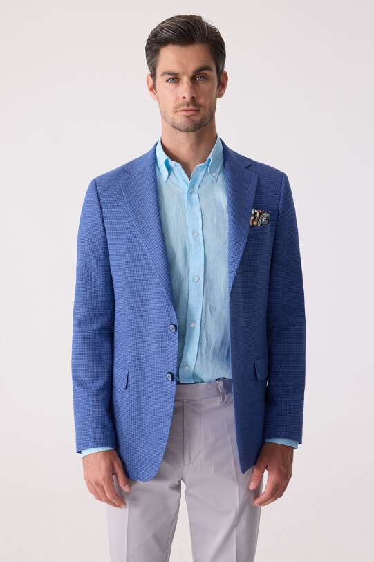 Erkek Mavi Regular Fit Keten Karışımlı Mono Yaka Ceket