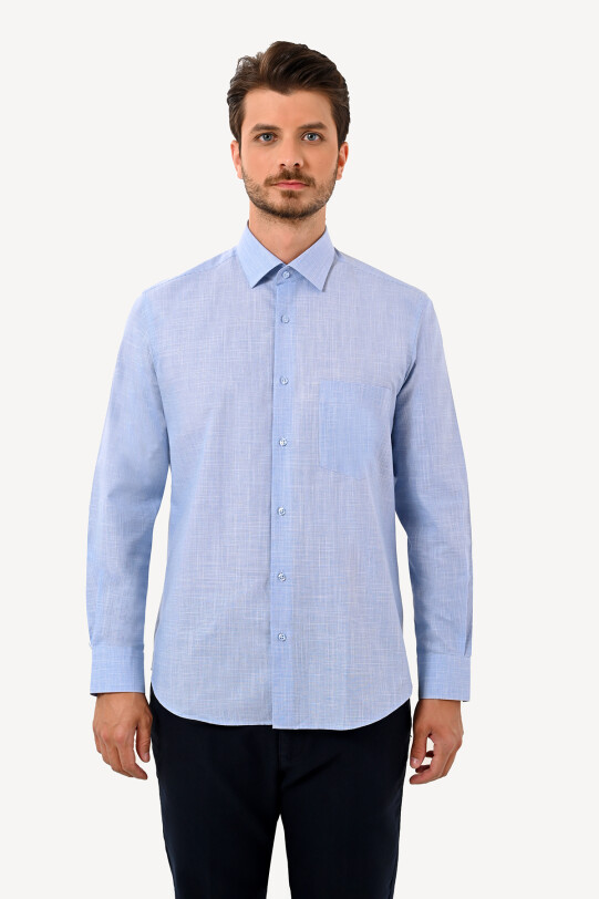 Erkek Mavi Regular Fit Klasik Yaka Uzun Kol Gömlek