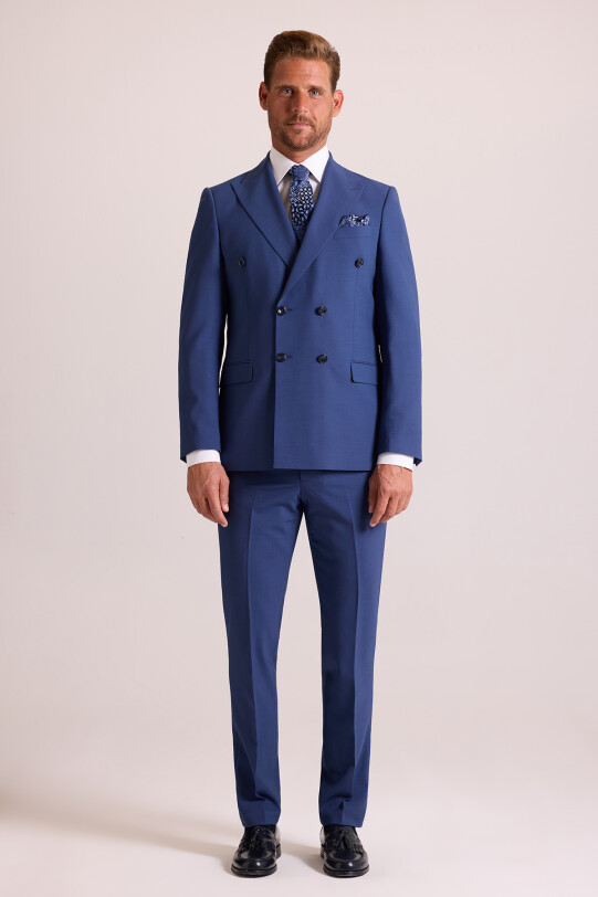 Erkek Mavi Regular Fit Kruvaze Takım Elbise