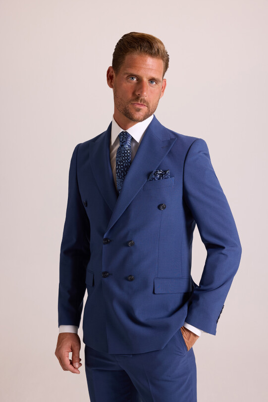 Erkek Mavi Regular Fit Kruvaze Takım Elbise