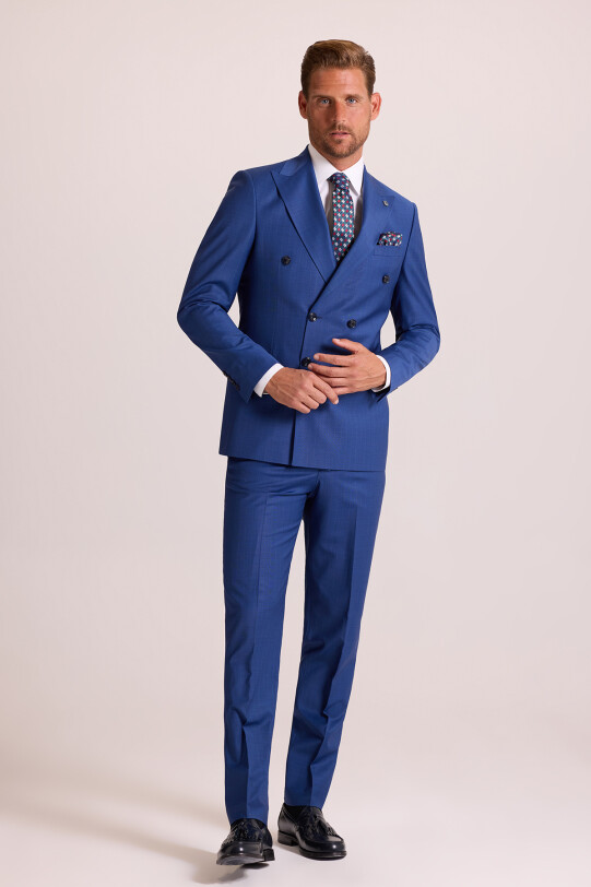 Erkek Mavi Regular Fit Kruvaze Takım Elbise