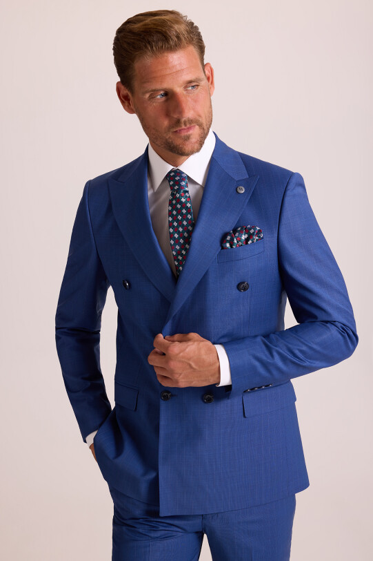 Erkek Mavi Regular Fit Kruvaze Takım Elbise
