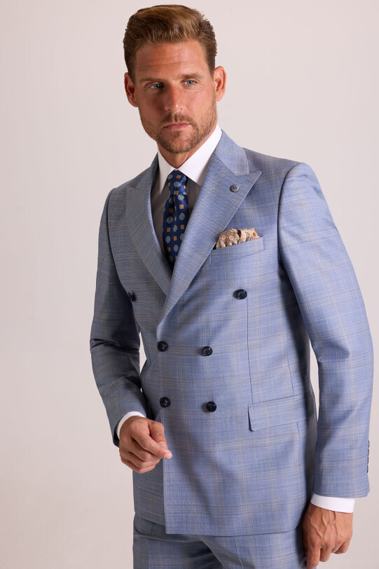 Erkek Mavi Regular Fit Kruvaze Yün Takım Elbise