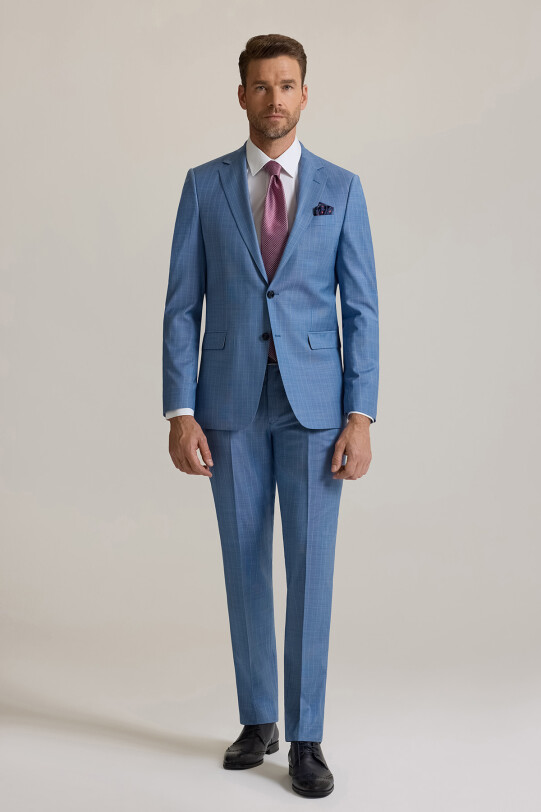 Erkek Mavi Regular Fit Mono Yaka Çizgili %100 Yün Takım Elbise