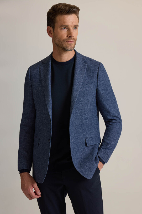 Erkek Mavi Regular Fit Mono Yaka Kışlık Yünlü Ceket