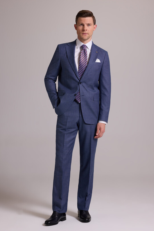 Erkek Mavi Regular Fit Mono Yaka Yünlü Takım Elbise