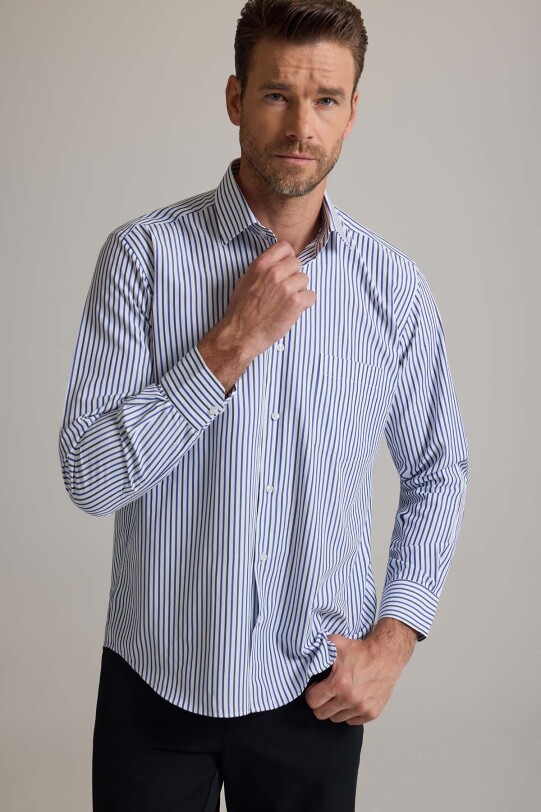 Erkek Mavi Regular Fit Pamuklu Çizgili Gömlek