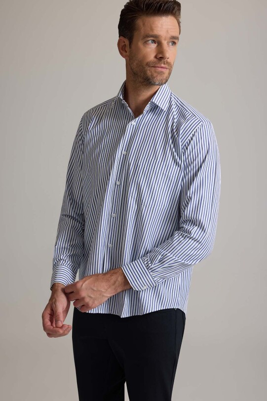 Erkek Mavi Regular Fit Pamuklu Çizgili Gömlek