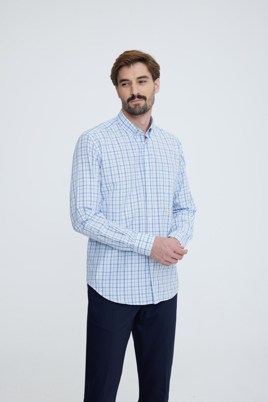 Erkek Mavi Regular Fit Uzun Kol Yaka Düğmeli Gömlek