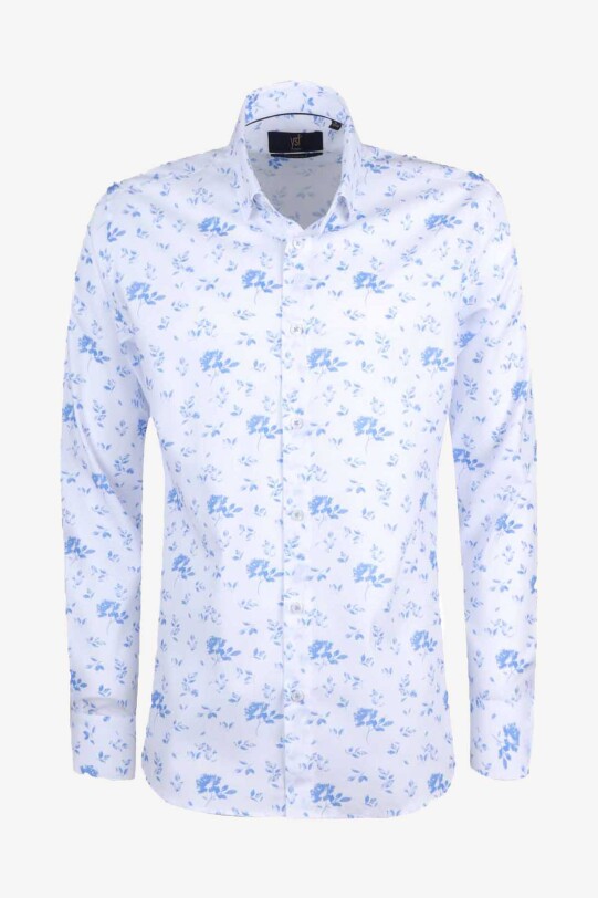 Erkek Mavi Slim Fit Beyaz Yaprak Desenli Uzun Kol Gömlek