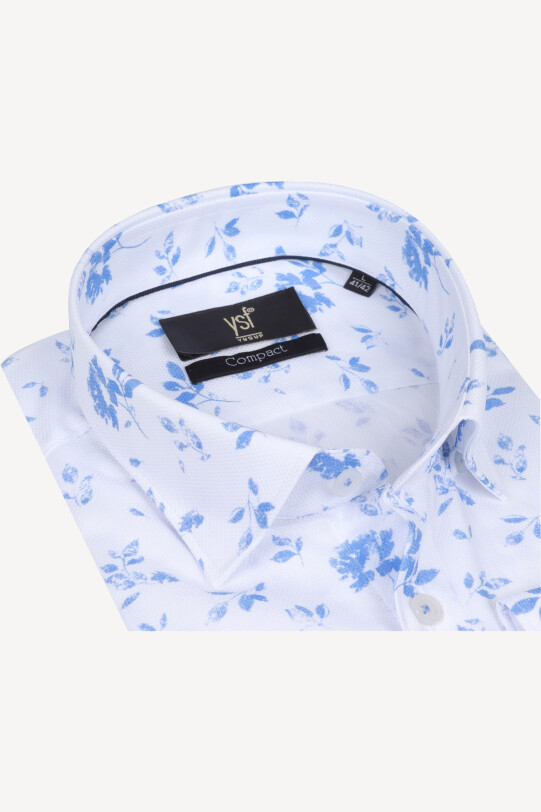 Erkek Mavi Slim Fit Beyaz Yaprak Desenli Uzun Kol Gömlek