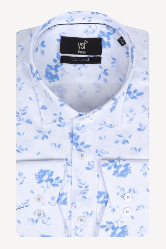 Erkek Mavi Slim Fit Beyaz Yaprak Desenli Uzun Kol Gömlek