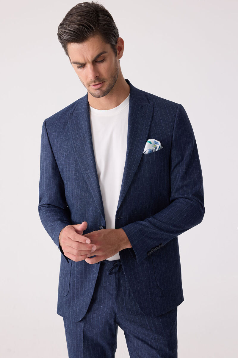 Erkek Mavi Slim Fit Çizgili Torba Cep Jogger Pantolonlu Sivri Yaka Takım Elbise - 6