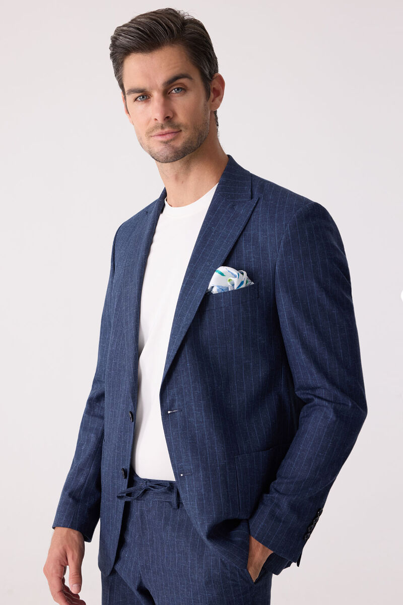 Erkek Mavi Slim Fit Çizgili Torba Cep Jogger Pantolonlu Sivri Yaka Takım Elbise - 8
