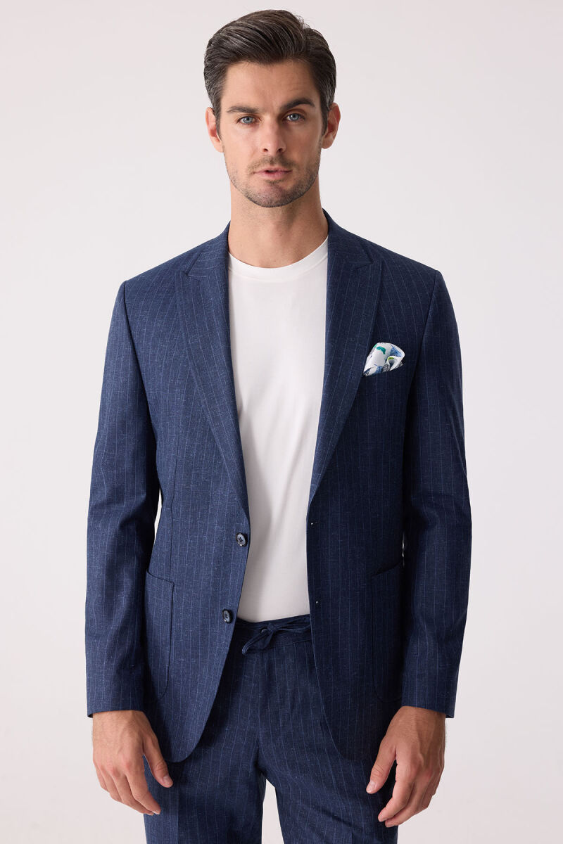 Erkek Mavi Slim Fit Çizgili Torba Cep Jogger Pantolonlu Sivri Yaka Takım Elbise - 9